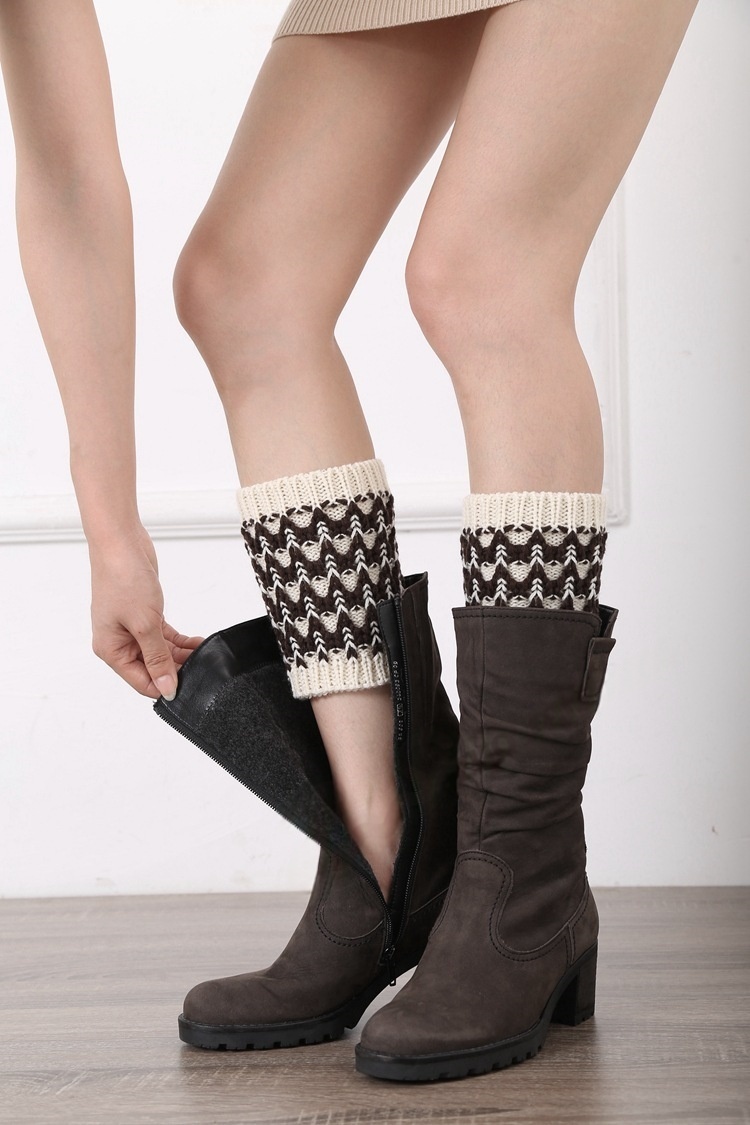 Womens Knit Boot Cuffs Color block wavy Boot Toppers Winter Short Leg Warmers